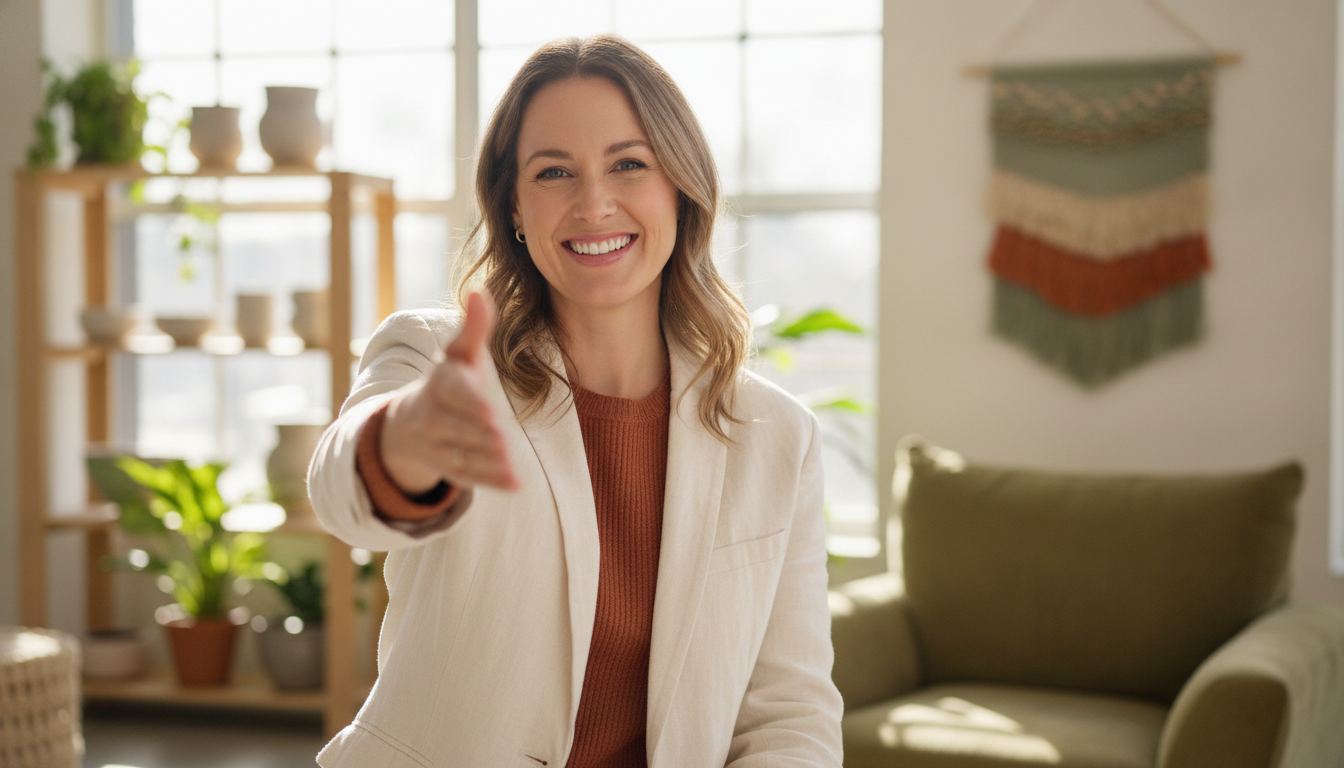Une personne souriante du monde du bien-être ou de l'entreprise tendant la main en signe d'accueil, environnement lumineux