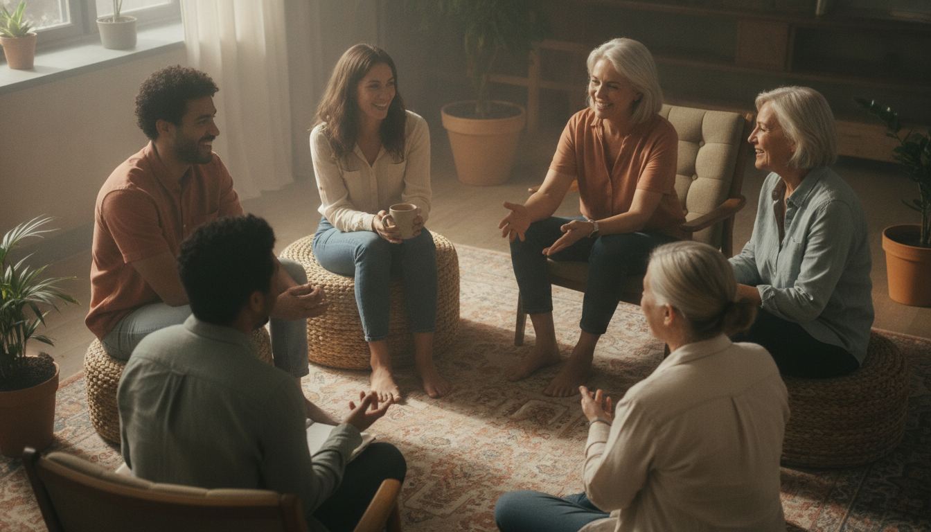 Cinq à six personnes d'âges variés assises en cercle sur des coussins et chaises, en discussion conviviale