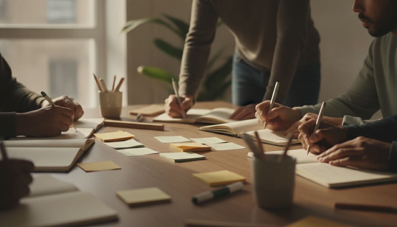 Gros plan sur plusieurs mains de personnes diverses travaillant ensemble autour d'une table, carnets et post-its