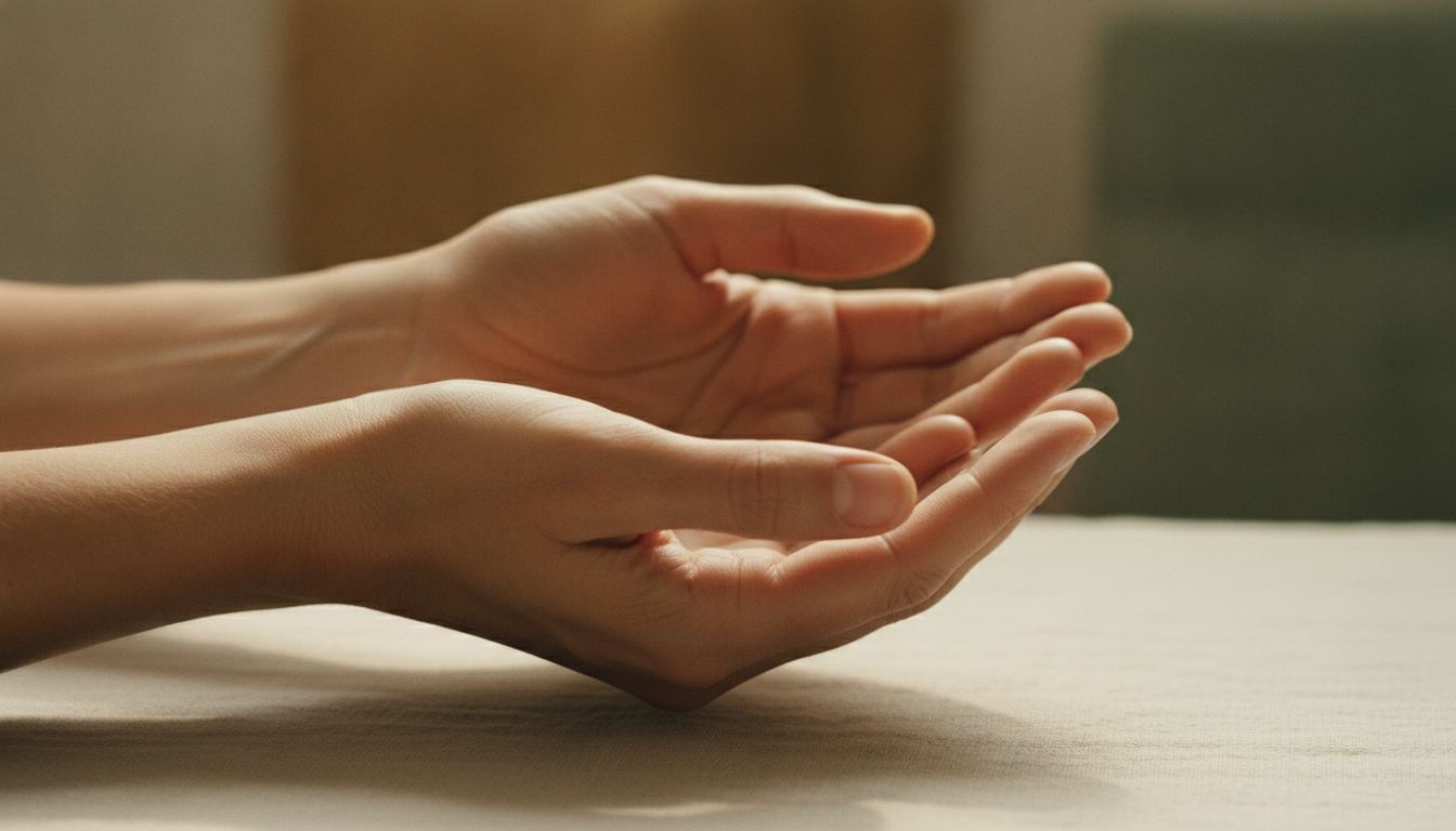 Une paire de mains ouvertes et calmes, posées délicatement, lumière naturelle douce